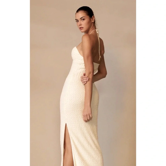 NWT Tropical Knit Keyhole Halter Maxi Dress, Slit Up Side, Various Sizes, Cream - Picture 3 of 7